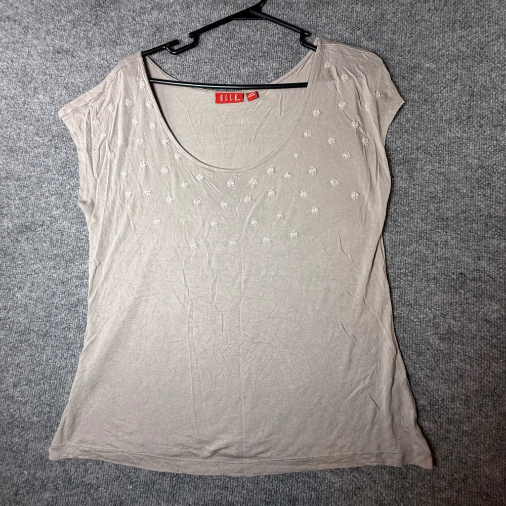 ELLE Womens Taupe Beaded Polka Dot Cap Sleeve Scoop‎ Neck Rayon Top Large